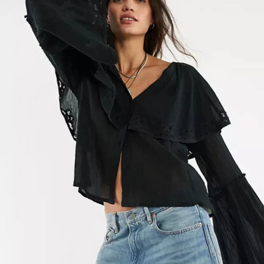 Free People Riley Battenburg Blouse V Neck Buttondown  Bell Sleeve Top XS